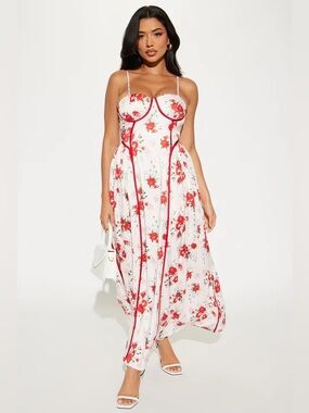 Fashion Nova Floral Maxi Dress - Red and White
